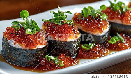 Gunkan maki sushi topped with masago and spring onion on white plate 132188418