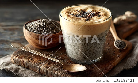 Chia seed pudding with coffee cream topping and spices Chia seed pudding with coffee cream topping and spices 132188421