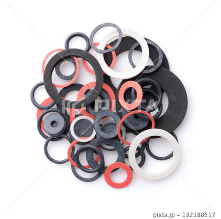 Top view of various rubber gaskets and washers 132188517