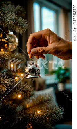 A person holding a silver bell hanging from a Christmas tree 132188592