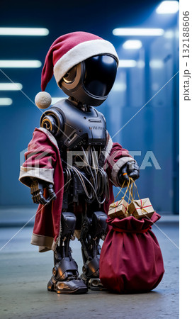 A robot dressed as Santa Claus holding a bag of presents 132188606