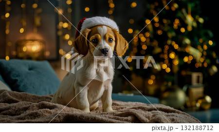 A small dog wearing a santa hat sitting on a blanket 132188712