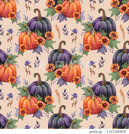 Seamless pattern with hand drawn watercolor pumpkins. Colorful autumn illustration for surface design, wallpapers, wrapping, seasonal and Halloween greetings Seamless pattern with hand drawn watercolor pumpkins. Colorful autumn illustration for surface design, wallpapers, wrapping, seasonal and Halloween greetings 132188908