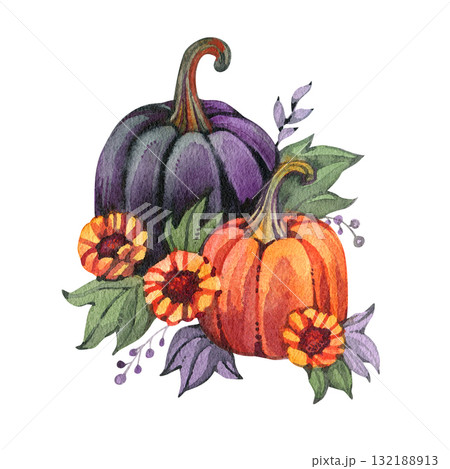Watercolor autumn pumpkins and flowers, fall season hand drawn illustration Watercolor autumn pumpkins and flowers, fall season hand drawn illustration 132188913