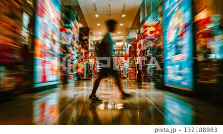 Blurred figure walking through a vibrant souvenir shop. A person walks through a colorful souvenir storefront with a motion blur effect, creating a sense of movement  This is AI-generated item 132188983