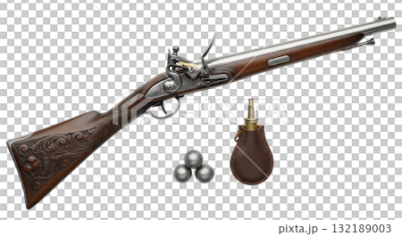 This flintlock musket features a long, gleaming steel barrel and ornate wood details. Accompanying items include lead balls and a leather pouch, showcasing historical craftsmanship and design. This flintlock musket features a long, gleaming steel barrel and ornate wood details. Accompanying items include lead balls and a leather pouch, showcasing historical craftsmanship and design. 132189003