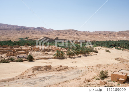 Aerial view of ruins of of Tamerza or Tamaghza, and palm forest around. Tunisia. 132189009