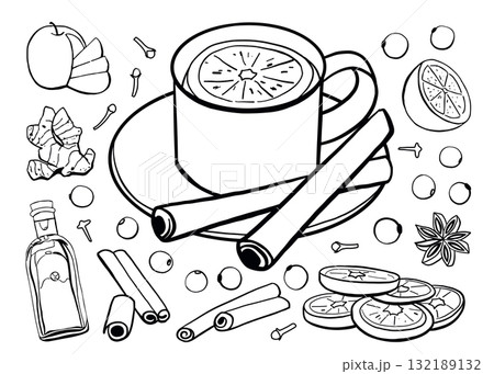 Season hot drink cup doodle set. Mulled wine drink with citrus slices, apple, cloves, cardamom, bottle of wine, cardamom, cinnamon, ginger, pepper Season hot drink cup doodle set. Mulled wine drink with citrus slices, apple, cloves, cardamom, bottle of wine, cardamom, cinnamon, ginger, pepper 132189132