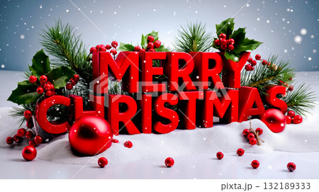 A merry christmas sign with red ornaments and holly leaves on a snowy surface A merry christmas sign with red ornaments and holly leaves on a snowy surface 132189333