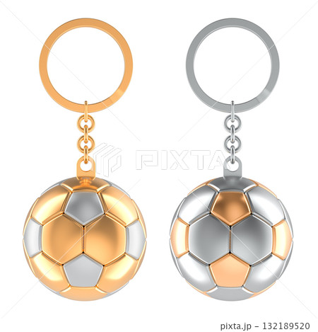 Gold and silver soccer ball keychains. 3D rendering 132189520