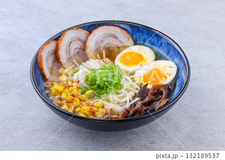 Traditional Japanese Tonkotsu Ramen with Chashu Pork, Eggs, and Vegetables 132189537