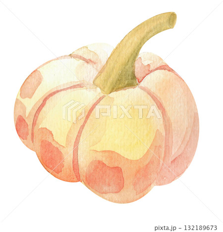 A yellow-orange pumpkin with a stem. This vibrant, rich pumpkin in natural tones is executed in a watercolor style. This illustration is perfect for seasonal merchandise, themed party invitations A yellow-orange pumpkin with a stem. This vibrant, rich pumpkin in natural tones is executed in a watercolor style. This illustration is perfect for seasonal merchandise, themed party invitations 132189673