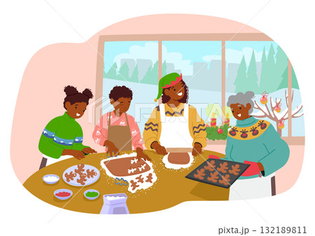 Grandmother, mother and children preparing Christmas gingerbread cookies at home kitchen scene 132189811