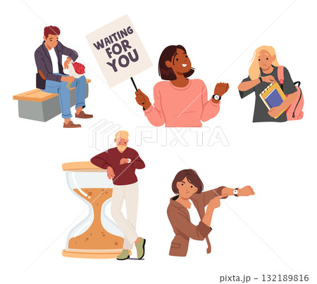 Diverse people cartoon characters waiting for late comrades feeling nervous about unpunctuality 132189816