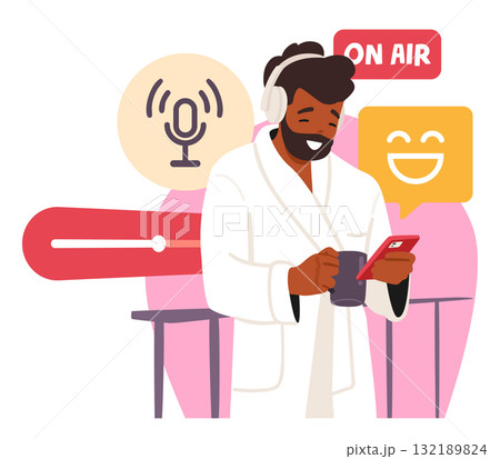 Bearded man cartoon character listening audio podcast in headphones while drinking morning coffee 132189824