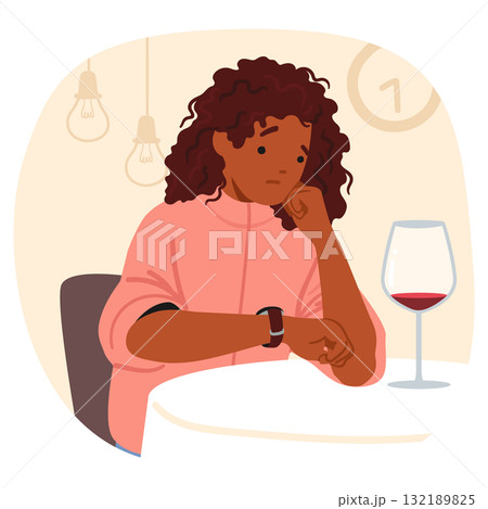 Young woman cartoon character waiting for boyfriend being late sitting at restaurant table alone 132189825