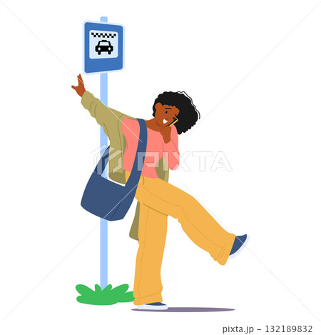 Woman cartoon character being late calling taxi by phone standing at parking place vector scene Woman cartoon character being late calling taxi by phone standing at parking place vector scene 132189832