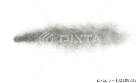 Thick black exhaust smoke cloud trail isolated from aircraft or vehicle with combustion engine 132189835