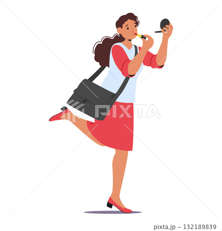 Businesswoman cartoon character doing makeup on-the-go rushing being late on meeting in morning 132189839
