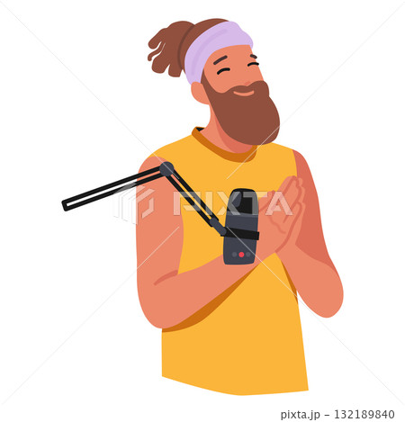 Male mindfulness instructor cartoon character speaking into studio microphone recording podcast 132189840
