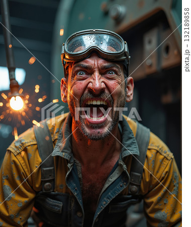 Man yelling with goggles on, sparks flying around him. Man yelling with goggles on, sparks flying around him. 132189858