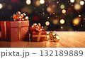 Christmas and new year background. Gift boxes on the background of bokeh garlands 132189889