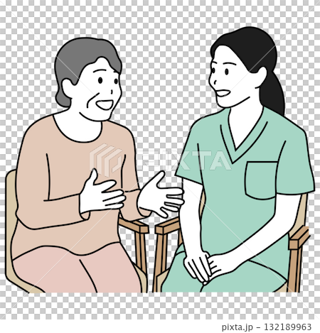 Care support illustration of a conversation between a caregiver and an elderly woman 132189963