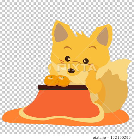Illustration of a stuffed fox sitting in a kotatsu, lost in thought 132190299