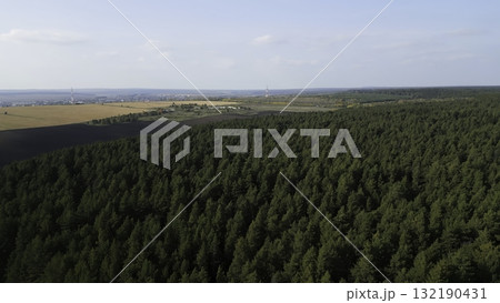 Aerial view flying over green forest and farmland. Clip Aerial view flying over green forest and farmland. Clip 132190431