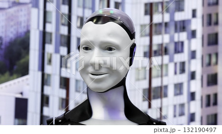 Humanoid robot showing different facial expressions. Media 132190497