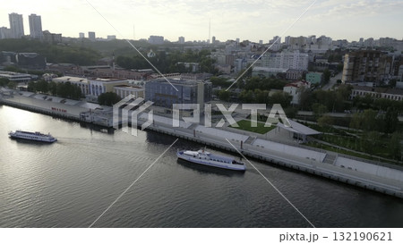 Nizhny novgorod river passenger terminal at sunset. Clip 132190621