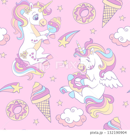 Seamless pattern with unicorns and sweets vector illustration 132190904