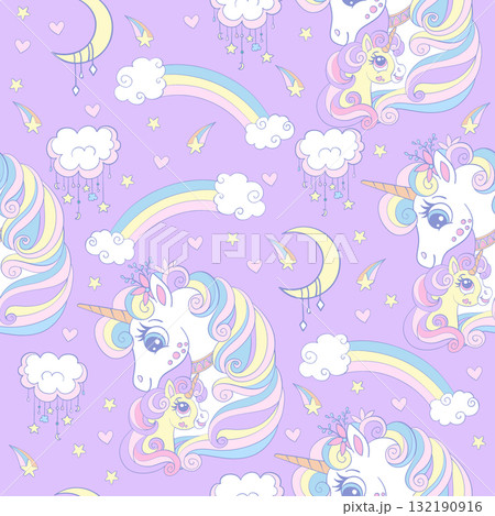 Mom and baby unicorns in soft color seamless pattern vector 132190916