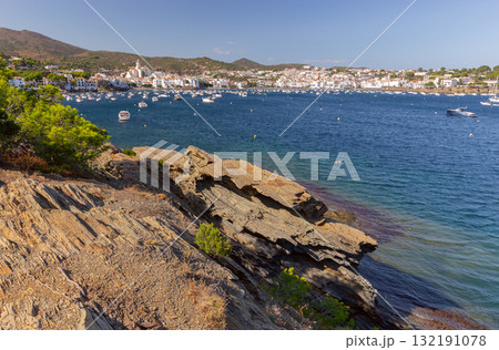 View of Santa Maria church and bay in Cadaques Spain 132191078