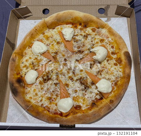Pizza with Salmon and Cream Cheese in Cardboard Box 132191104