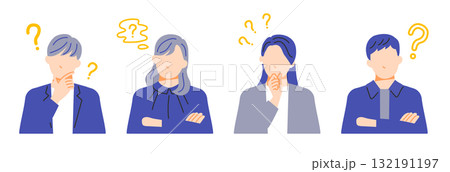 それぞれ疑問に思っている4人の男女の表情イラストセット。フラットデザイン 132191197