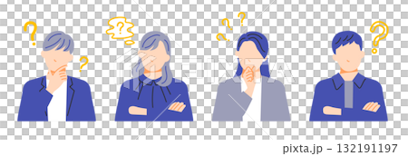 それぞれ疑問に思っている4人の男女の表情イラストセット。フラットデザイン 132191197