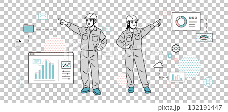 指を指しているヘルメットをかぶった作業員の男女のイラスト 指を指しているヘルメットをかぶった作業員の男女のイラスト 132191447