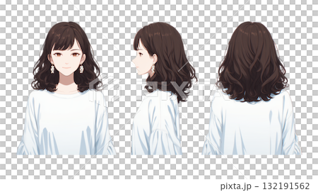 Women's hairstyle: front, side, and back cut Women's hairstyle: front, side, and back cut 132191562