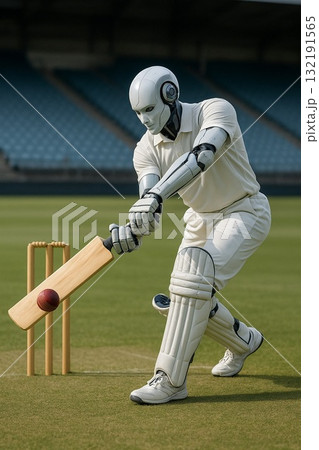アンドロイドがクリケットをしている画像です。 132191565
