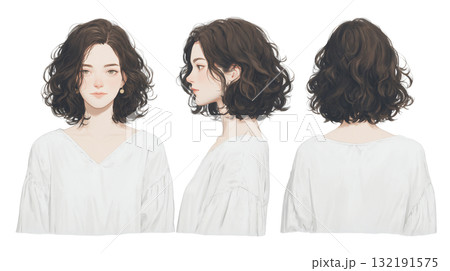 女性の髪型前、横、後ろの3面カット 132191575