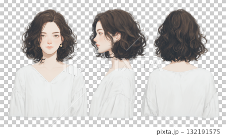 女性の髪型前、横、後ろの3面カット 132191575