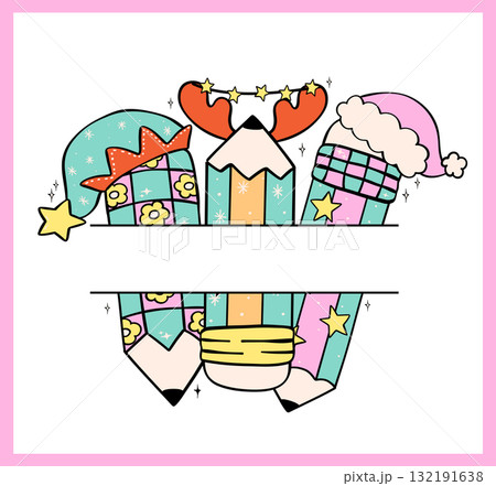 Groovy Christmas Pencil Frame Name Cartoon Hand Drawn Split Frame Design for School Kids festive holiday clipart template for creative projects Groovy Christmas Pencil Frame Name Cartoon Hand Drawn Split Frame Design for School Kids festive holiday clipart template for creative projects 132191638