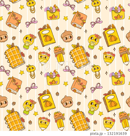 Groovy Retro Autumn School Book Seamless Pattern Back to School Fall Wallpaper on Striped Background Groovy Retro Autumn School Book Seamless Pattern Back to School Fall Wallpaper on Striped Background 132191639