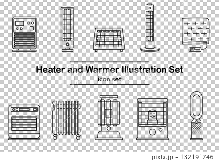 圖庫插圖: 暖氣設備線描圖示集 132191746