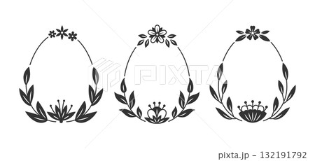 Three egg shape frames decorated by floral elements, leaf branch bloom flowers. outline botanical engraving border with spring twig foliage, flower petal decor, stem blossom black white illustration Three egg shape frames decorated by floral elements, leaf branch bloom flowers. outline botanical engraving border with spring twig foliage, flower petal decor, stem blossom black white illustration 132191792
