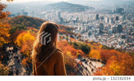 Breathtaking Autumn View of Seoul Cityscape from Namsan Mountain with Vibrant Fall Foliage Breathtaking Autumn View of Seoul Cityscape from Namsan Mountain with Vibrant Fall Foliage 132192034