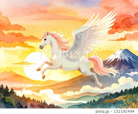 富士山とペガサスの和風年賀状イラスト2／チラシやポスター用素材 132192494
