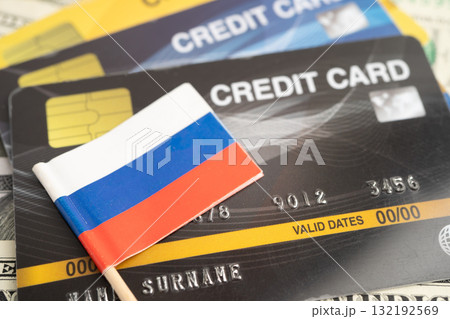 Credit card model with Russia flag, financial investment economy business banking. Credit card model with Russia flag, financial investment economy business banking. 132192569