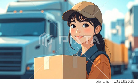 配送業者として働く女性　大型トラックの背景　AI生成素材 132192619